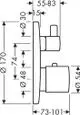 Technische Zeichnung eines thermostatischen Unterputzventils von AXOR, mit Abmessungen und Details zu Installation und Anschluss.